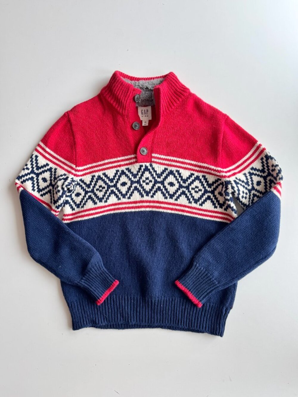Boys' GAP Red Navy Blue Patterned Cotton Wool Knit 1/4 Button Sweater, Size L/10